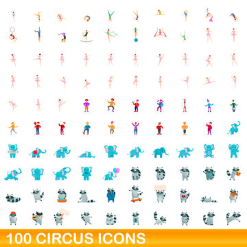 100 circus icons set. Cartoon illustration of 100 circus icons vector set isolated on white background