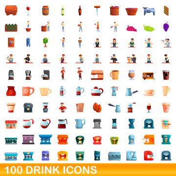 100 drink icons set. Cartoon illustration of 100 drink icons vector set isolated on white background