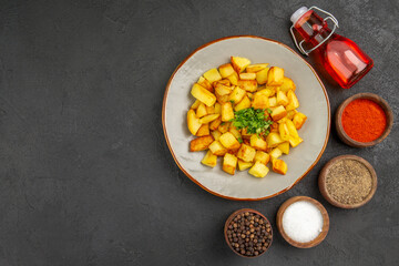 top view tasty fried potatoes inside plate with seasonings on the dark background color oil kitchen dinner food photo