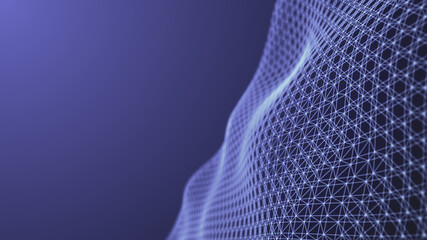 Abstract hexagon wave with moving dots. Flow of particles. Cyber technology illustration. 3d rendering