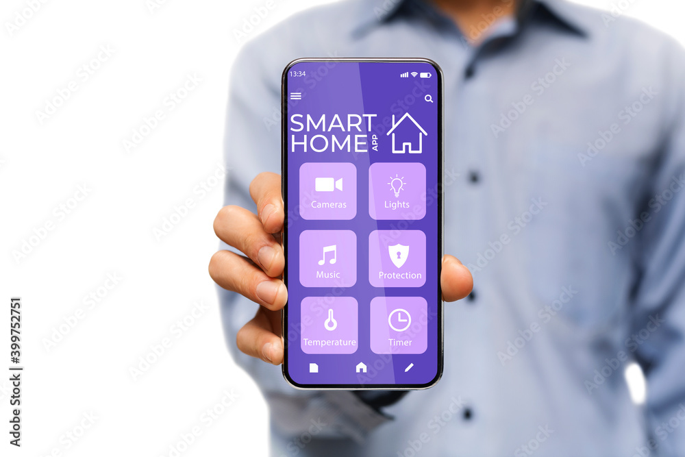 Poster unrecognizable young guy showing cellphone with smart home app digital interface over white backgrou