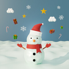 Merry christmas poster banner with snowman and gift box on snow. 3d rendering
