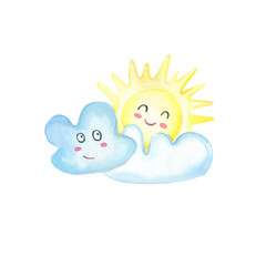 Watercolor partly cloudy weather,yellow sun on white background.Cute Watercolour illustration for print,greeting card