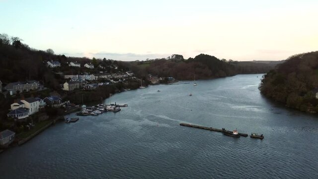 aerial drone footage between Malpas and truro cornwall uk. Near sunny corner 