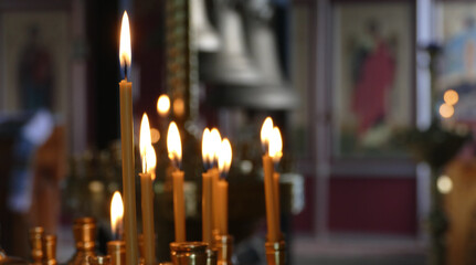 Thin Beeswax Candles Lit A Christian Church 
