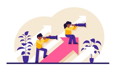 Business opportunities as vision, chances. Visionary entrepreneur anticipating new trends. Professional ambitions, company development plans, searching innovation. Modern flat illustration.