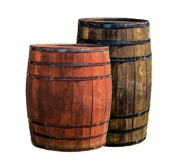 Obraz premium oak barrel high and low, dark and light for storing wine stands on a white background