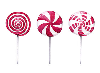 Watercolor red round lollipop on a stick