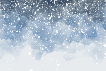 dark blue night sky with snow falling watercolor background