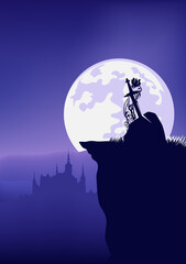 legendary excalibur sword in stone with castle silhouette in the background - fairy tale night scene with full moon vector illustration