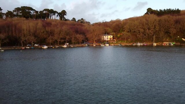 aerial drone footage between Malpas and truro cornwall uk. Near sunny corner 