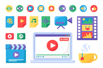 Fototapeta premium Media Player Icons and Buttons Set Flat Design