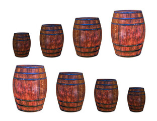 oak barrel from large to small is in ascending order and vice versa on an isolated background