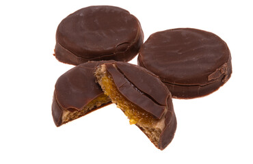 chocolate chip cookie with orange filling isolated