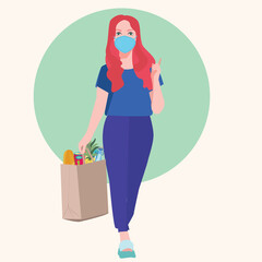 young woman wears medical mask holds a paper bag after shopping and pointing up. Epidemic disease concept.  