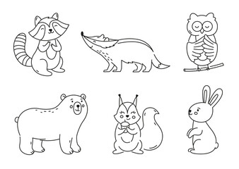 Set of outline forest animals. Collection of doodle characters.