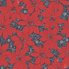 Vector red grey poinsettia flower seamless pattern print background