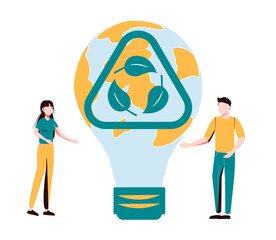 Sustainability in alternative resource electricity supply tiny person concept. Power production using renewable, green, safe and long term source vector illustration. Earth in shape of lightbulb lamp