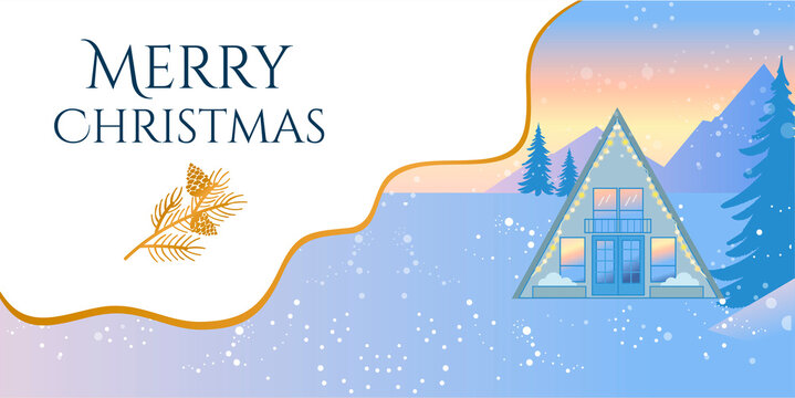 Vector banner template Merry Christmas. Beautiful winter mountain landscape with a small triangular house and fir trees. Winter morning in the mountains.