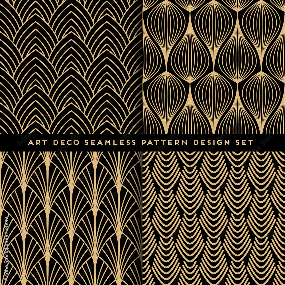 Wall mural art deco style seamless pattern design set - golden line repeat patterns on black background