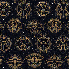 Sacred insects seamless pattern - illustrations of dragonfly, stag beetle, atlas beetle and wasp with celestial design elements on a dark background - 399759377