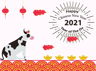 Fototapeta premium Cow and gold on chinese ornament with text of Happy Chinese New Year 2021