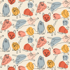 Obraz premium Continuous line cat illustrations seamless pattern - cute cats repeat print design
