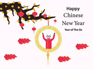 Chinese ornament with cow cartoon character and Happy Chinese New Year 2021 text