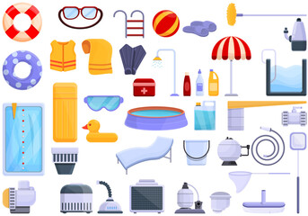 Equipment for pool icons set. Cartoon set of equipment for pool vector icons for web design