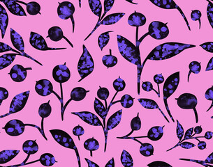 Seamless winter pattern with snow-covered berries. Hand drawn watercolor blueberries and leaves on pink. Perfect for greeting card, postcard, poster, logo, textile, fabric, packaging, wrapping paper.