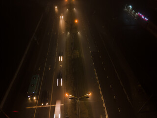 overhead top view of night city road