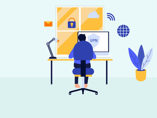 Back view of man working on computer with VPN virtual private network internet security