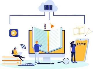 Students studying with laptop, PC, and mobile phone connecting to cloud computing storage