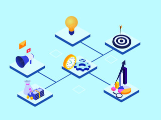 Time management vector concept: Clock and cogwheel connecting to money, megaphone, financial graph, bullseye, and lightbulb