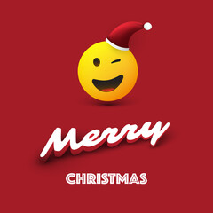 Merry Christmas! - Smiling Emoji with Pop Out Eyes and Red Santa Hat - Simple Happy Emoticon on Red Background - Vector Design