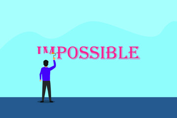 Business vector concept: Young businessman painting impossible text while using paint roller 
