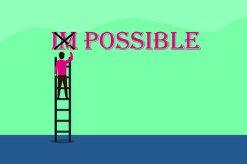 Business vector concept: Young businessman crossing impossible text into possible text