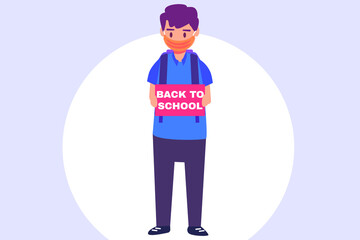 Male student wearing face mask and showing back to school text after corona virus pandemic