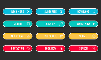 Colorful button set on dark background. Flat line button collection. Vector web element