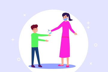 Woman in face mask applying hand sanitizer on little boy hands to prevent coronavirus outbreak