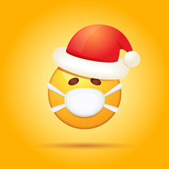Vector Emoji sticker with mouth medical protection mask and santa claus red hat isolated on orange background. Yellow santa smile face character with Christmas hat and white surgeon mask.