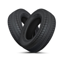 Car tires in the shape of a heart. Promotion for Valentine's Day. On white background. Realistic vector. 2 wheels for a promotion.