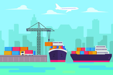 Container ship with crane and truck loading containers at the industrial port