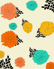 Colorful dahlia flowers with oriental ornaments. Red, orange and turquoise color