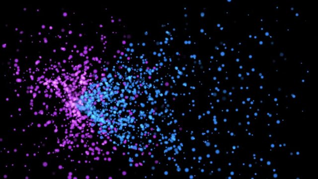 The particles are blue, red, flying after the explosion on a black background. Space, universe. 3D illustrations.