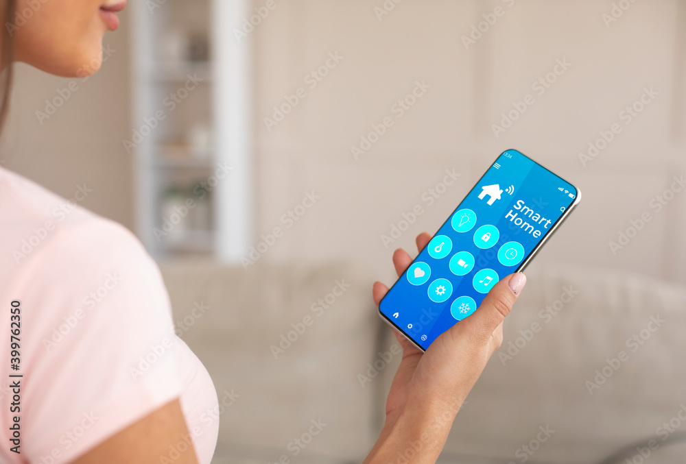 Aufkleber unrecognizable millennial woman using smart home control system indoors, collage with functions on m