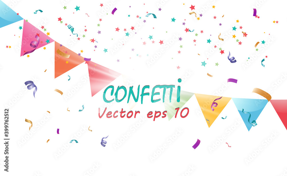 Poster Lots of colorful tiny confetti and ribbons on transparent background. Festive event and party. Multicolor background.Colorful bright confetti isolated on transparent background