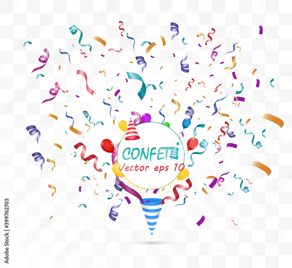 Poster Lots of colorful tiny confetti and ribbons on transparent background. Festive event and party. Multicolor background.Colorful bright confetti isolated on transparent background