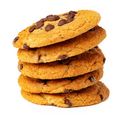 Stacked chocolate chip cookies isolated on white background