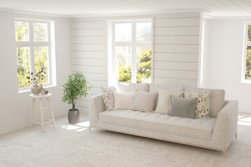 White living room with sofa and summer landscape in window. Scandinavian interior design. 3D illustration